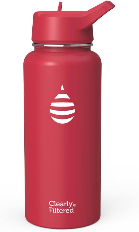 Clearly Filtered Water Bottle | Removes 200+ Contaminants, Double-Wall Insulated Stainless Steel, BPA/BPS Free, Phthalate Free, Filters Flouride Lead Chlorine (32oz, Crimson)