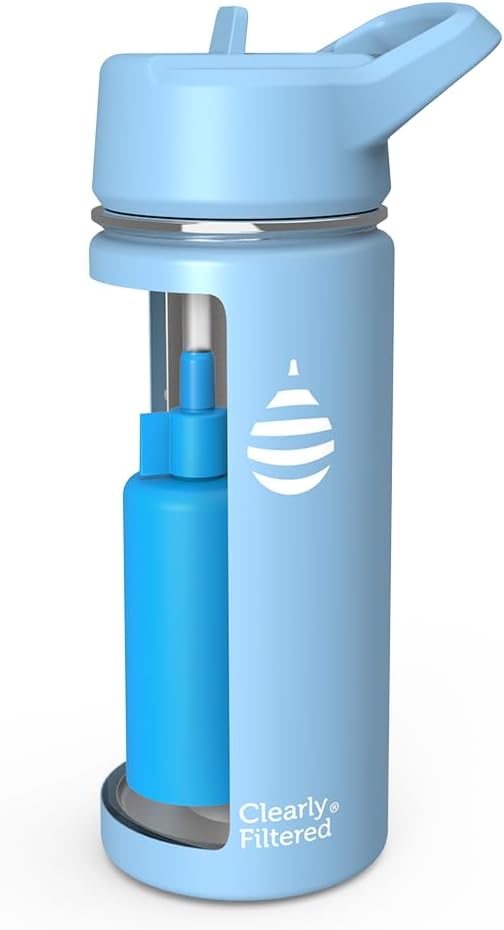 Clearly Filtered Water Bottle | Removes 200+ Contaminants, Double-Wall Insulated Stainless Steel, BPA/BPS Free, Phthalate Free, Filters Flouride Lead Chlorine (16oz, Sky Blue)