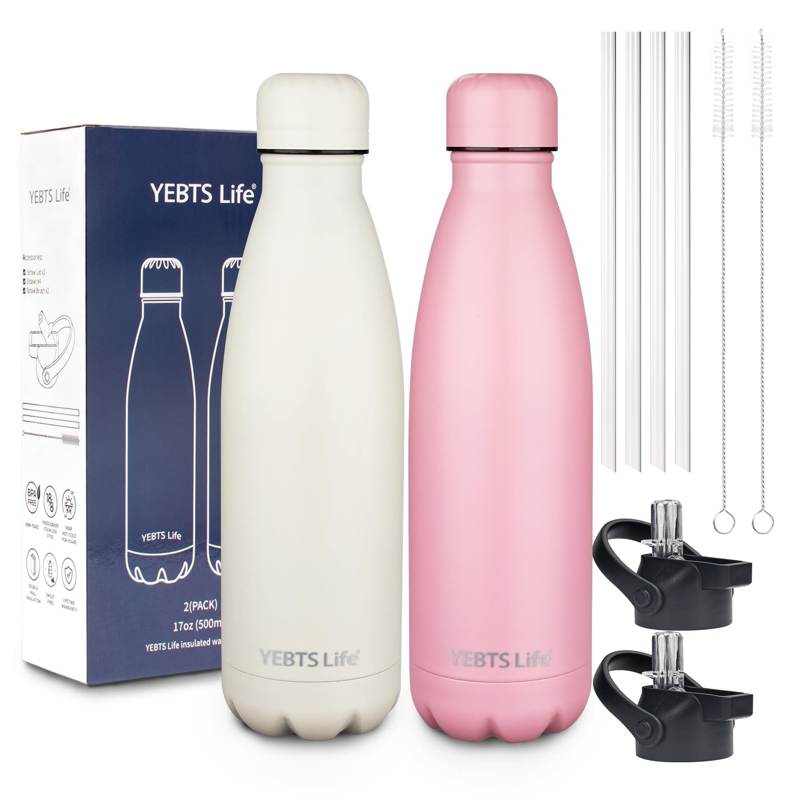 Insulated Water Bottle,12oz Stainless Steel Water Bottles with straw lid,Metal Sports Water Bottles for Boys,Girls,Double Wall Vacuum BPA-Free Flask for School, Sports & Travel-Sliver