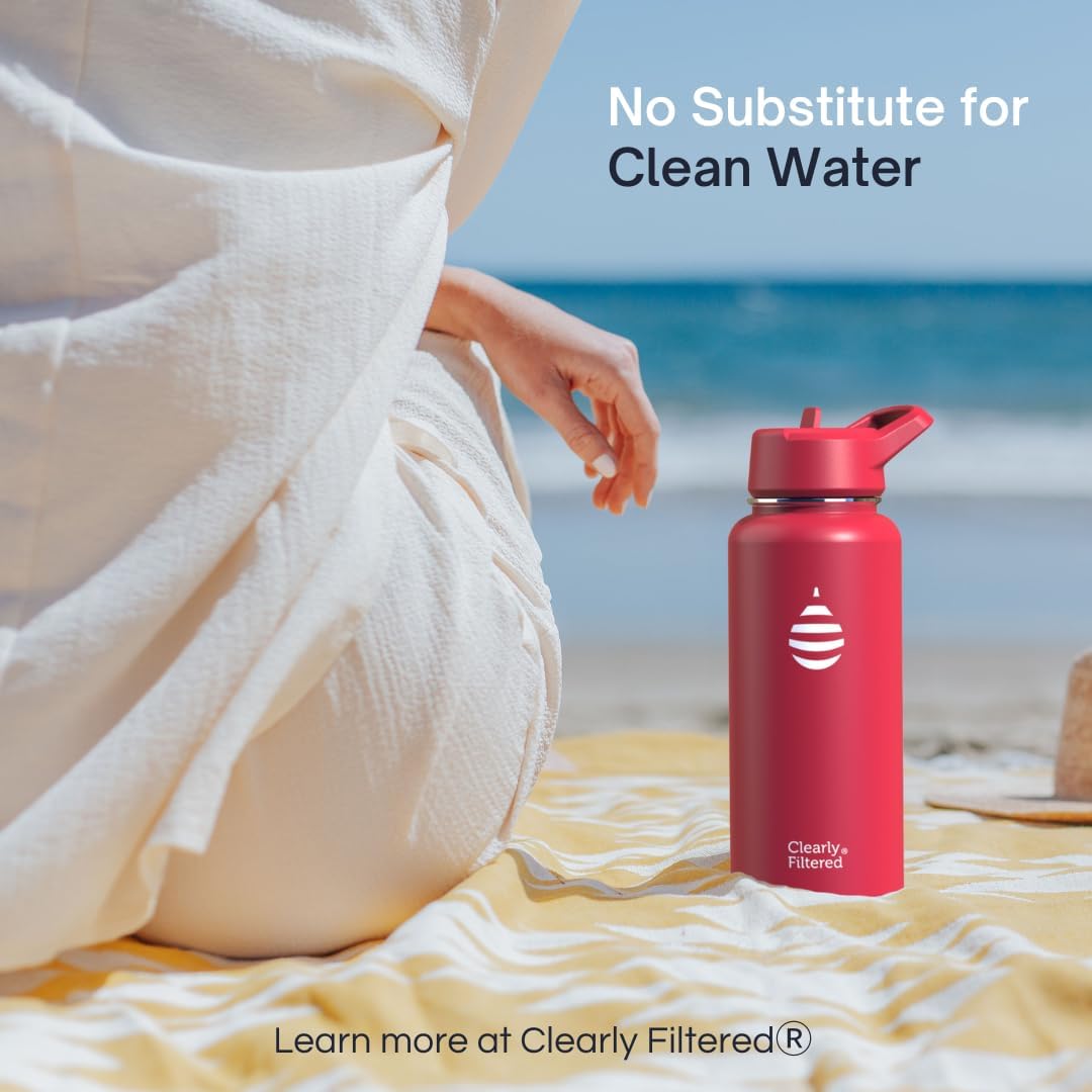 Clearly Filtered Water Bottle | Removes 200+ Contaminants, Double-Wall Insulated Stainless Steel, BPA/BPS Free, Phthalate Free, Filters Flouride Lead Chlorine (32oz, Crimson)