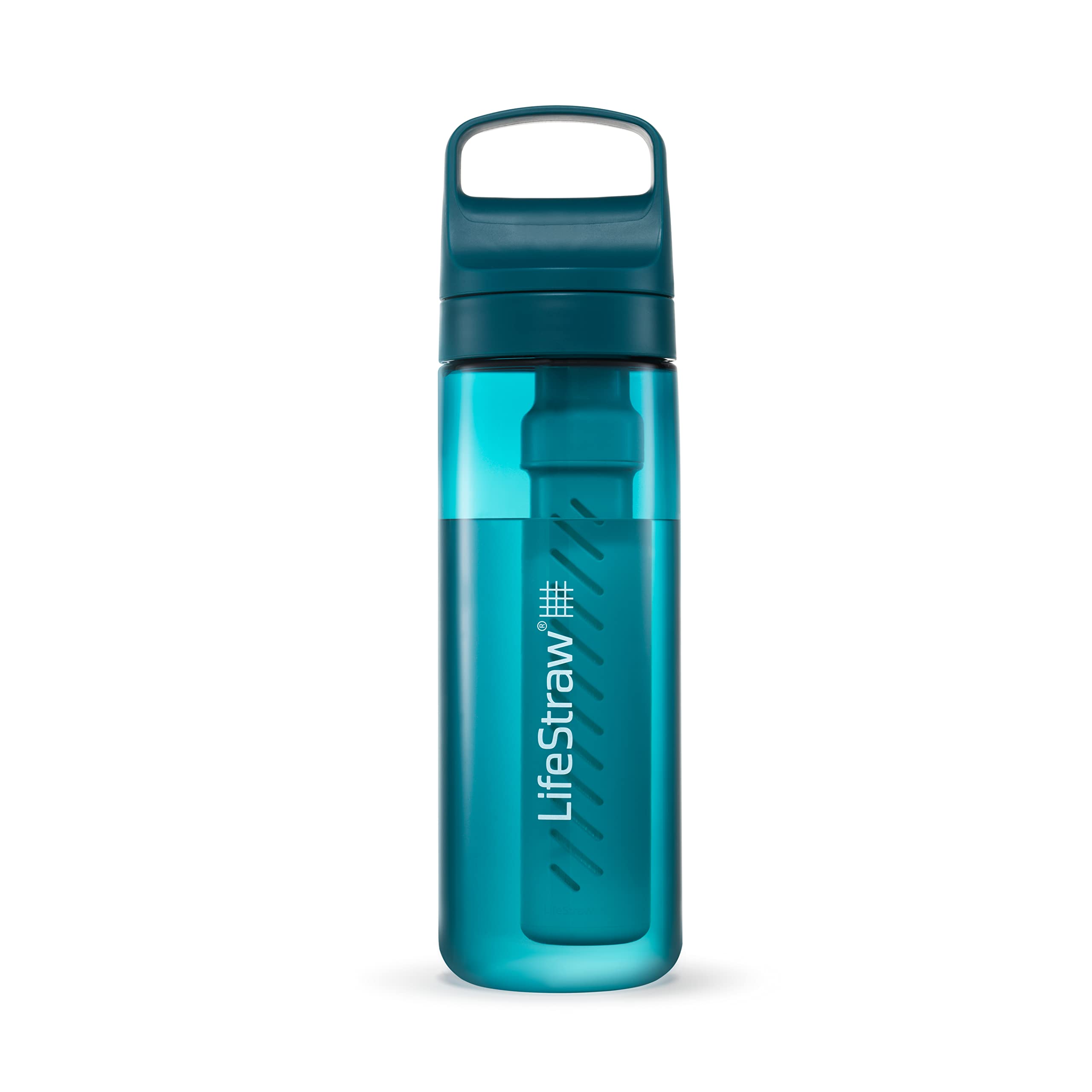 LifeStraw Go Series, BPA-Free Water Bottle for Travel and Everyday Use Removes Bacteria, Parasites, Microplastics, Improves Taste, 22oz 2-Pack; Icelandic Blue and Aegean Sea