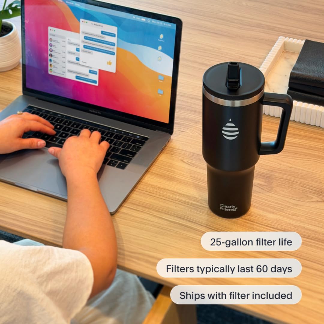 Clearly Filtered Water Bottle | Removes 200+ Contaminants, Double-Wall Insulated Stainless Steel, BPA/BPS Free, Phthalate Free, Filters Flouride Lead Chlorine (40oz, Black)