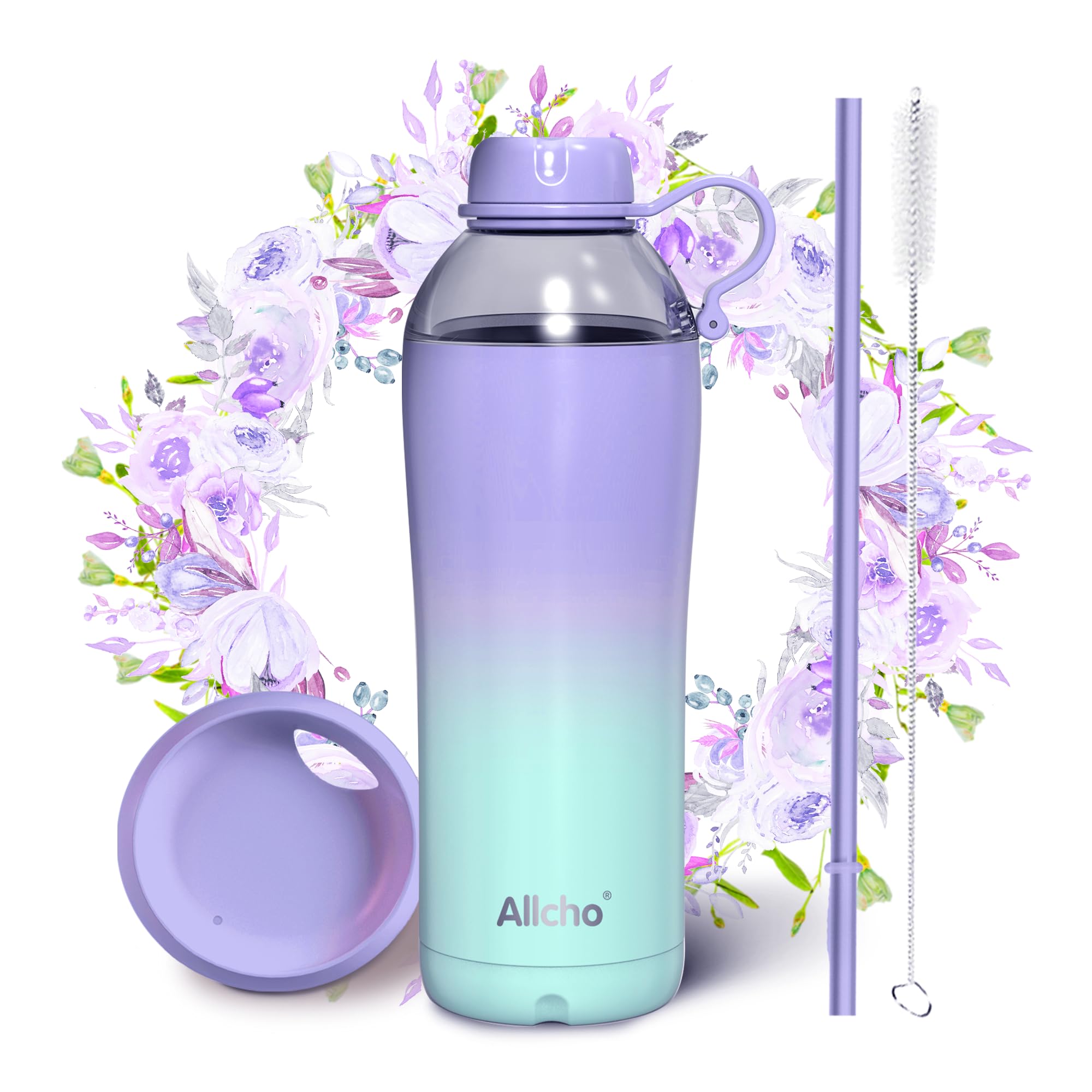 Insulated Water Bottle for Women, 24 oz Stainless Steel Water Bottles, Double Walled, 2 Lids (Chug & Tumbler) - Hydrate & Caffeinate,Available Gift Wrapping