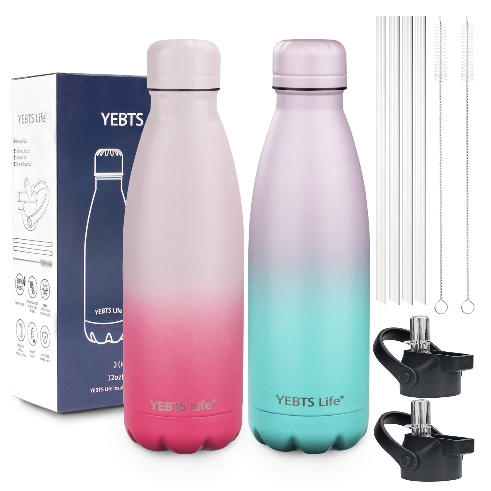 Insulated Water Bottle,12oz Stainless Steel Water Bottles with straw lid,Metal Sports Water Bottles for Boys,Girls,Double Wall Vacuum BPA-Free Flask for School, Sports & Travel-Sliver
