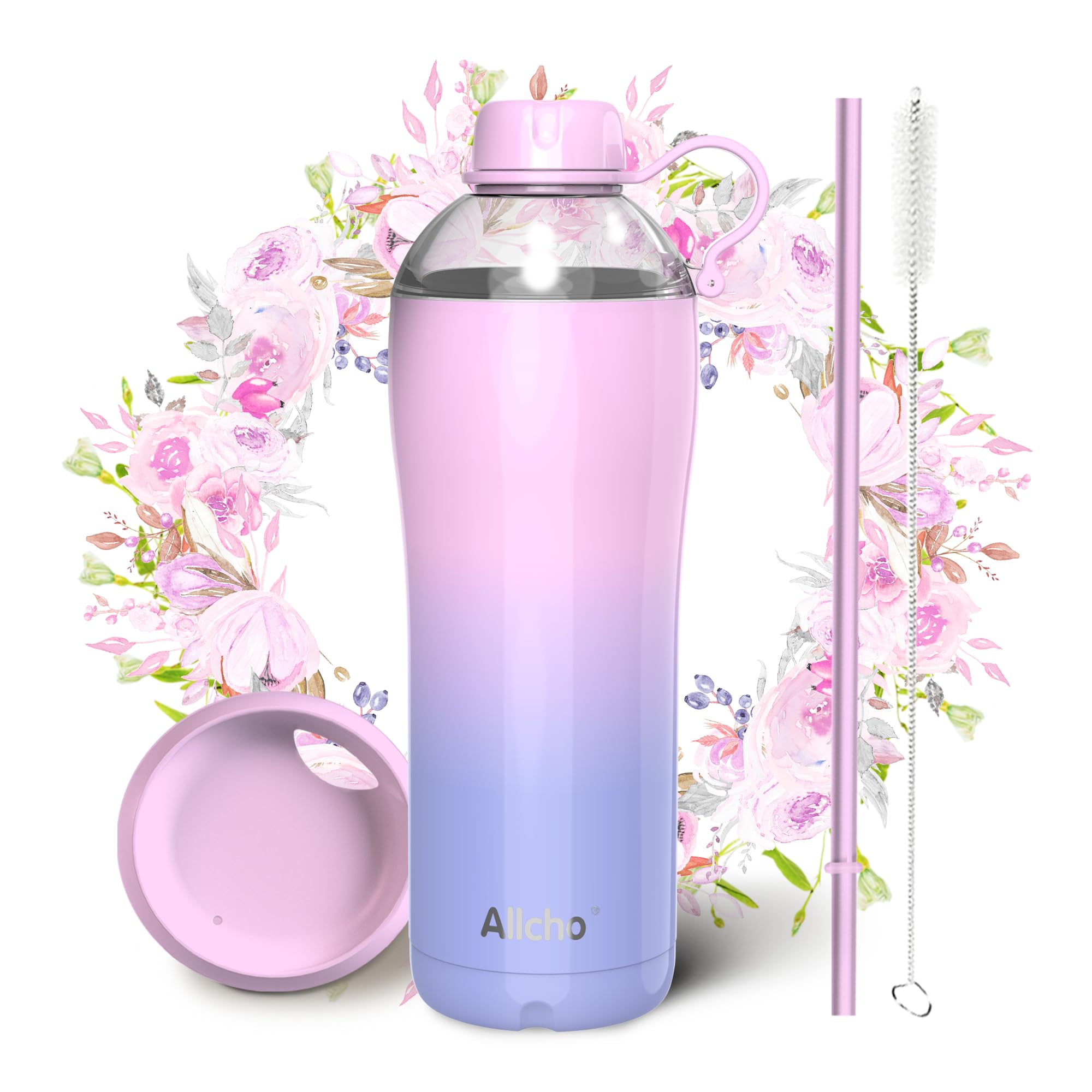 Insulated Water Bottle for Women, 24 oz Stainless Steel Water Bottles, Double Walled, 2 Lids (Chug & Tumbler) - Hydrate & Caffeinate,Available Gift Wrapping